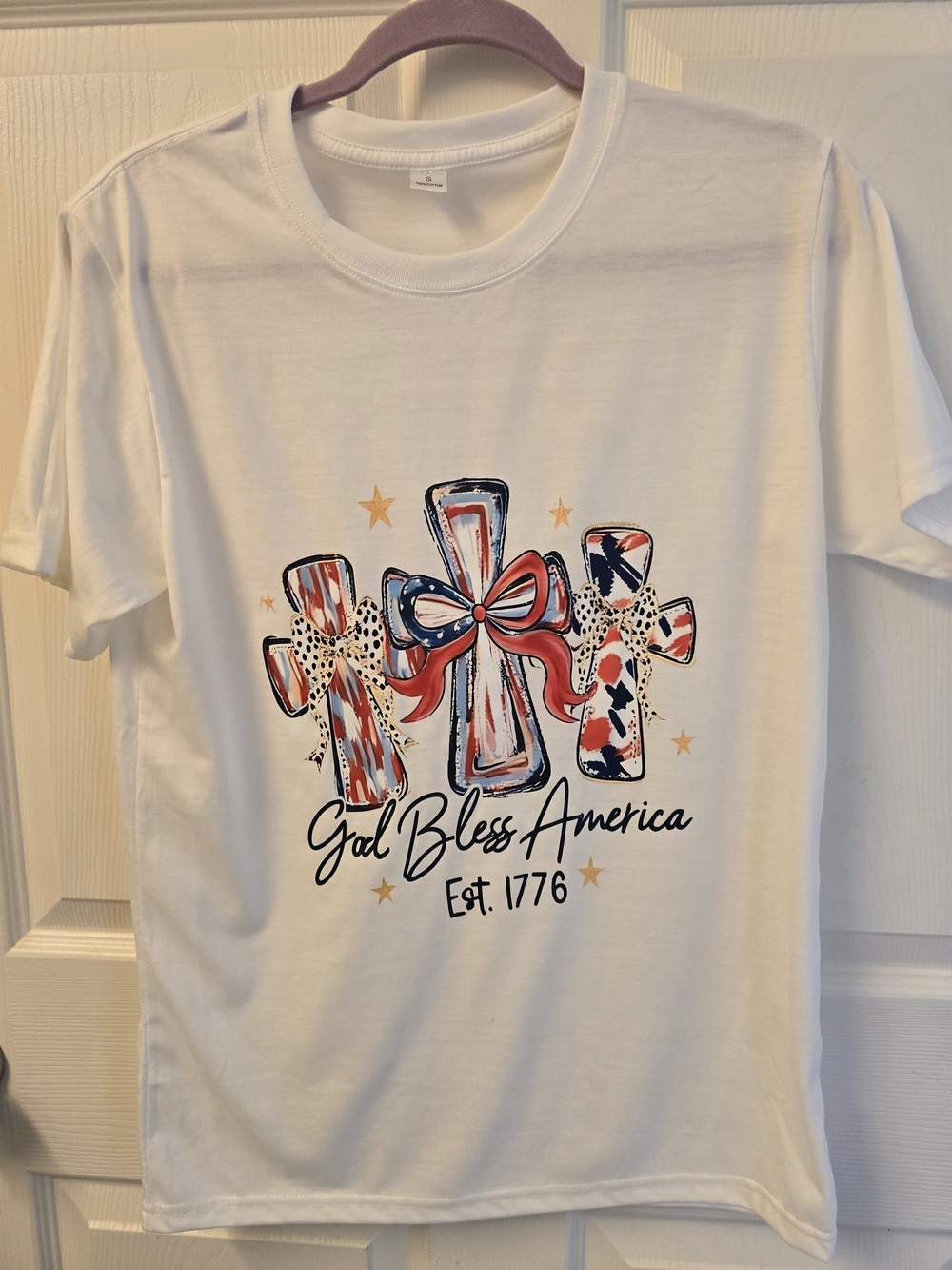 Source Unknown White Patriotic Crosses Graphic Tee with Red and Blue Accents